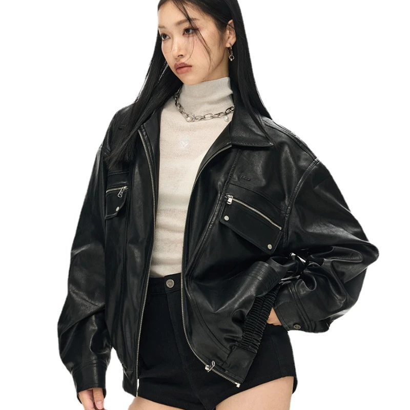 Leather Coat Adult Style Solid Color Loose Casual Black White Retro American Profile Lapel Long Sleeve Jacket Versatile Spring