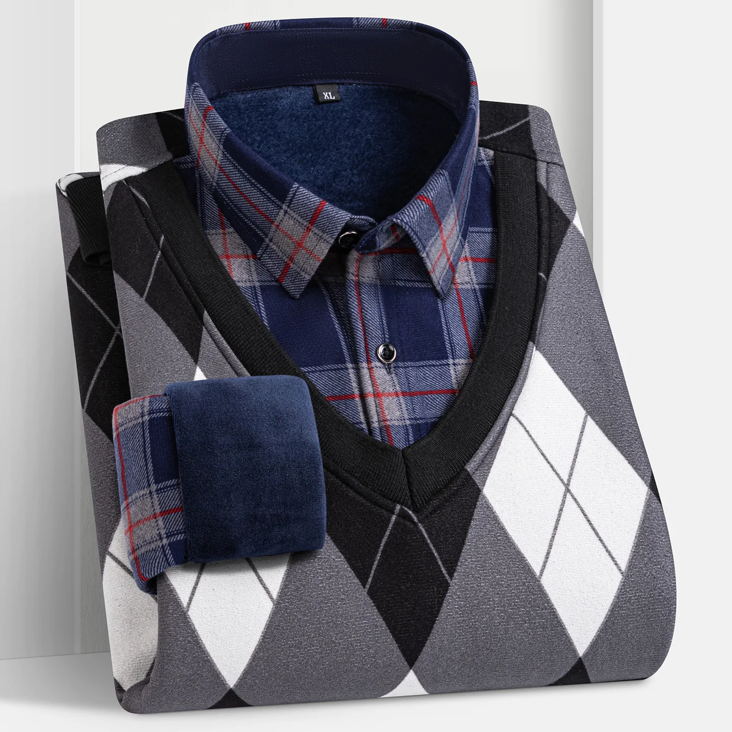 New men's long-sleeved button-down shirt - two-piece faux fur coat for warmth. Anti-wrinkle, casual and comfortable for winter.