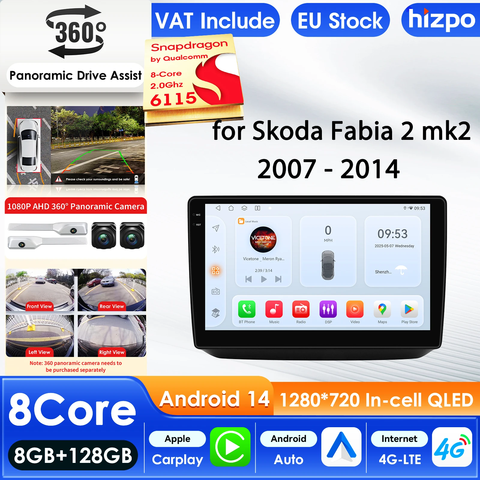 Hizpo Lecteur Multimédia Automobile 2 Din pour Skoda Fabia 2 2007 - 2014 GPS Carplay 4G Écran Intelligent AI Autoradio Caméra 360° RDS FM DVR Écran Intelligent Automobile 10,1 Pouces Affichage QLED Unité Centrale Automobile Navigation 5G WIFI DSP Split ADAS USB DVR SWC FM AM RDS Caméra
