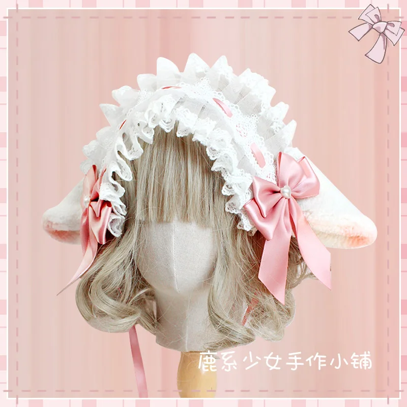 Lolita Girl Headdress Soft Cute Lamb Ears Kawaii Hair Band Soft Sister Headband Lace Bowknot Pearl Edge Clip Hair Accessories