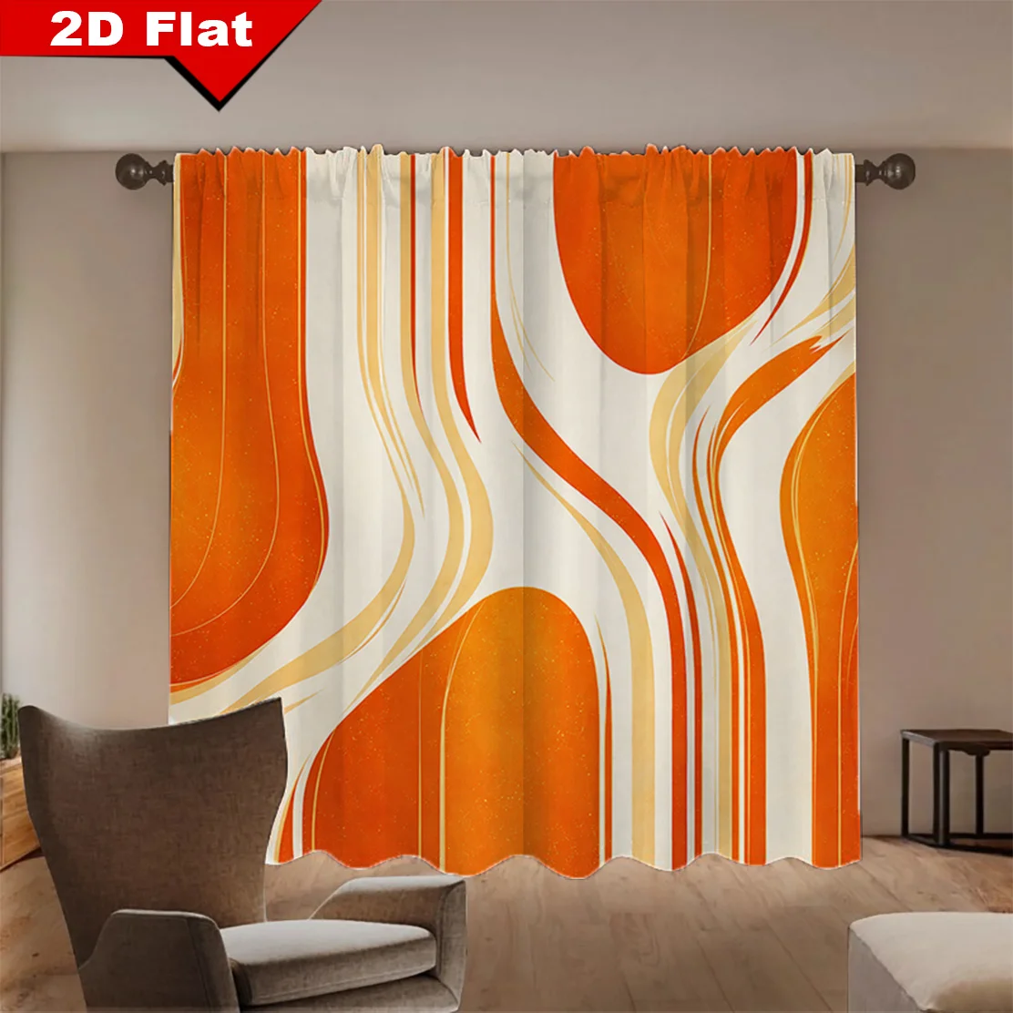 2pcs Orange Beige Fluid Wave Curtains 2D Flat Print Polyester Light Filtering Rod Pocket Living Room Bedroom