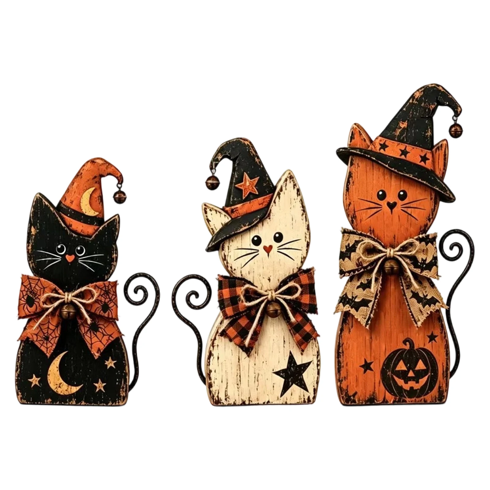 Halloween Rustic Wooden Cat Wizard Moon Figurine Gothic Vintage Autumn Fall Mantel Shelf Table Desk Home Decor Ornament Set