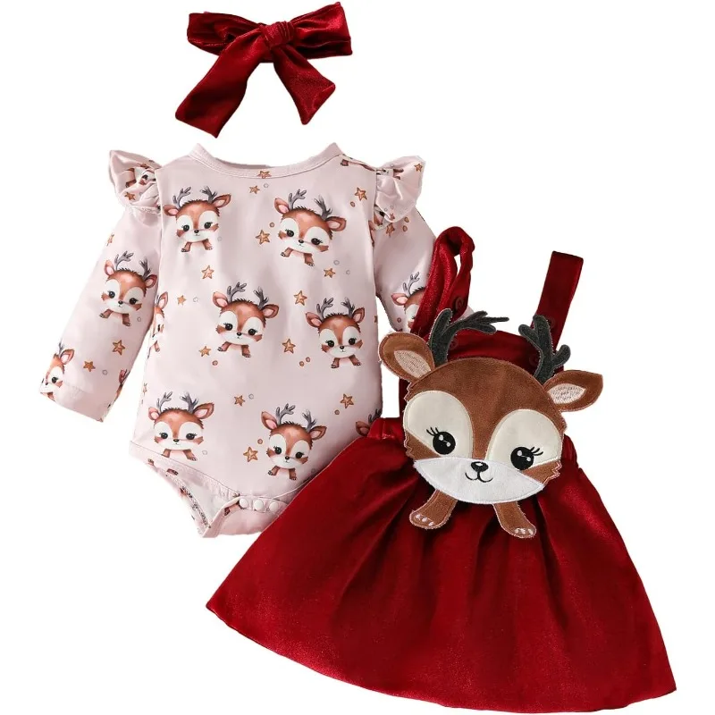 3Pcs Christmas Baby Girl Outfit Newborn Fly Sleeve Romper Overall Dress Infant Girls Fall Winter Skirt Set ropa bebe niña bebe