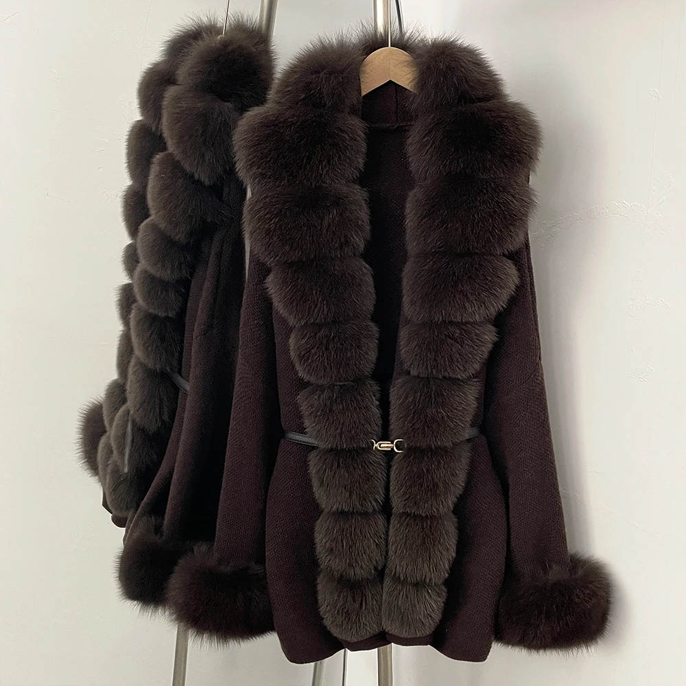 

Knit Real Fox Fur Jacket Cardigan for Women Jacket with Fur Long Sleeve Sweater Coat Women's Knitted Outerwear Female Clothing