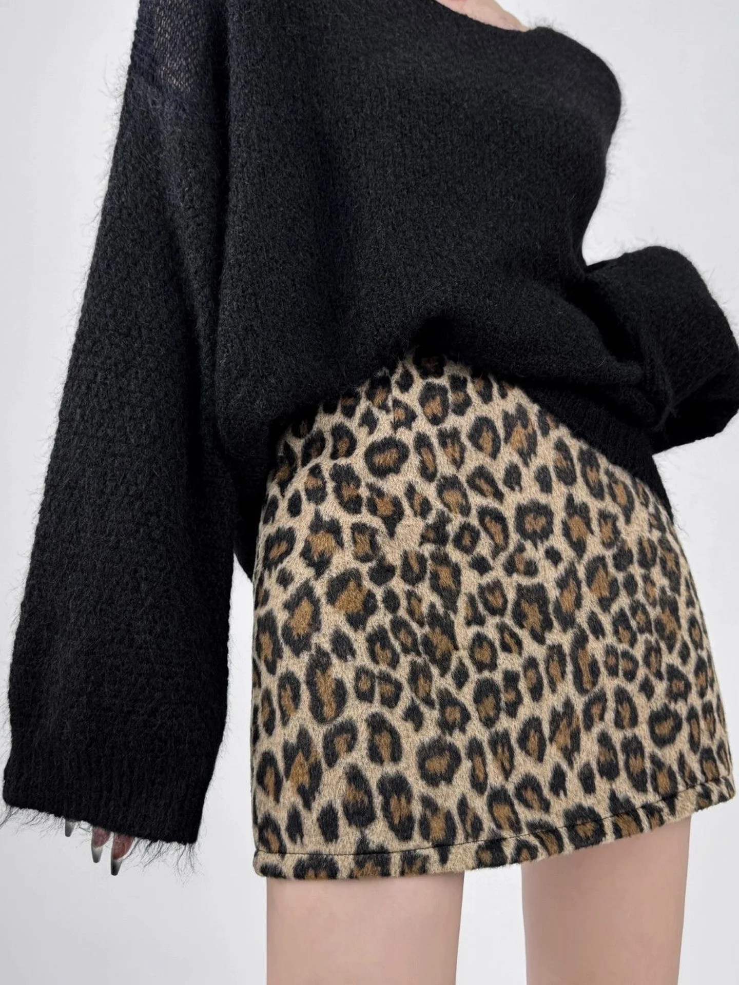 

Sexy Leopard Print Woolen Skirt High Waist A-Line Flared Slimming Anti-Light for Women Vintage Sle ort Skirt