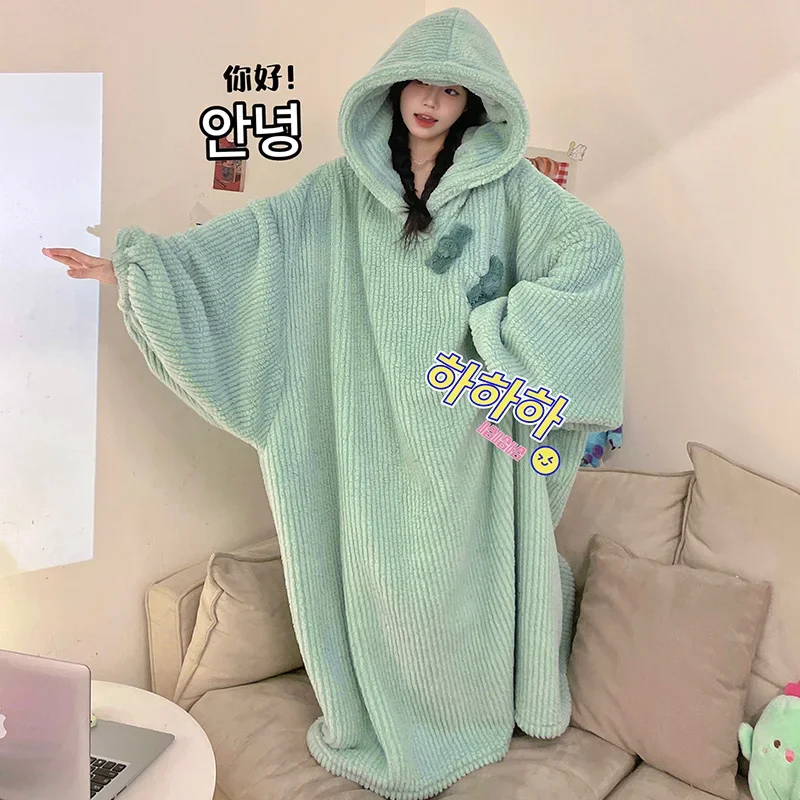 Women\'s Velvet nightgown pajamas Winter Hoodie Dress up Party Funny Robe Sleeping Skirt Home Clothing Unisex Loose pyjamas