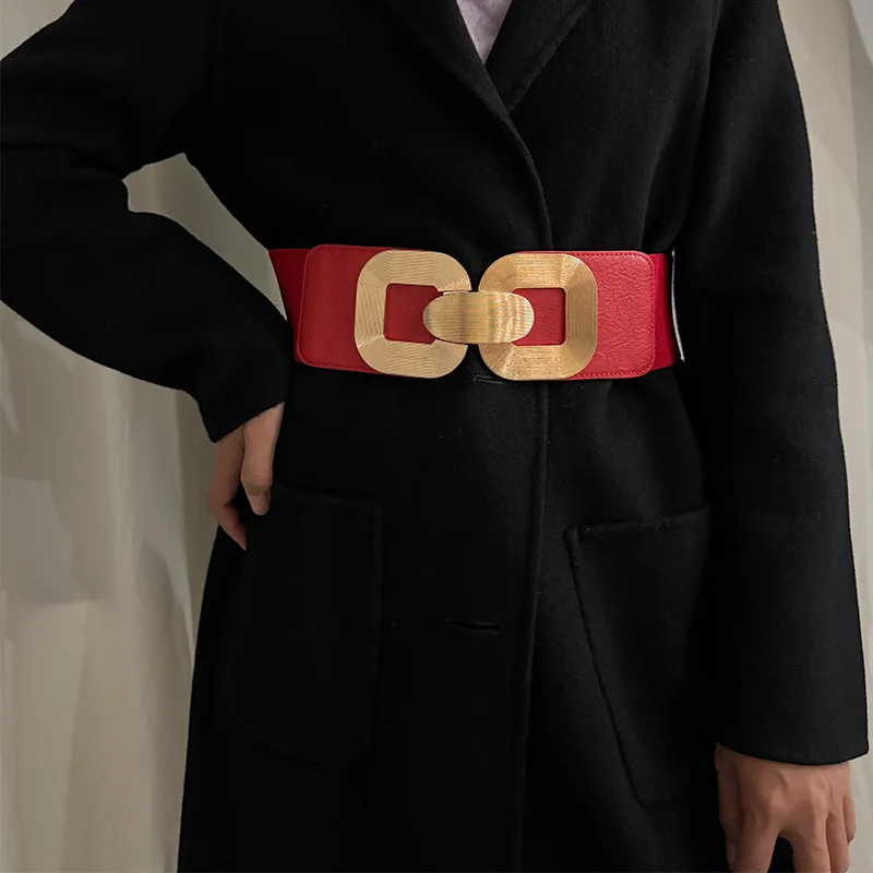 أسود حجم كبير حزام عريض للنساء المشدات مطاطا Cummerbunds الماركات الفاخرة مصمم مشد حزام الإناث الشرير القوطية حزام الذهب