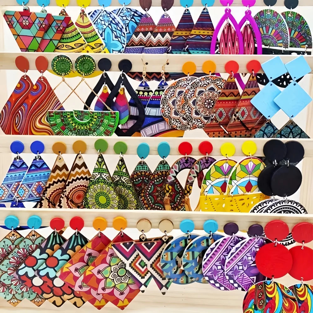 10 زوج/وحدة أقراط خشبية أنيقة ساحرة هندسية متعددة الألوان للنساء إكسسوارات مجوهرات للعطلات اليومية هدايا الحفلات #1