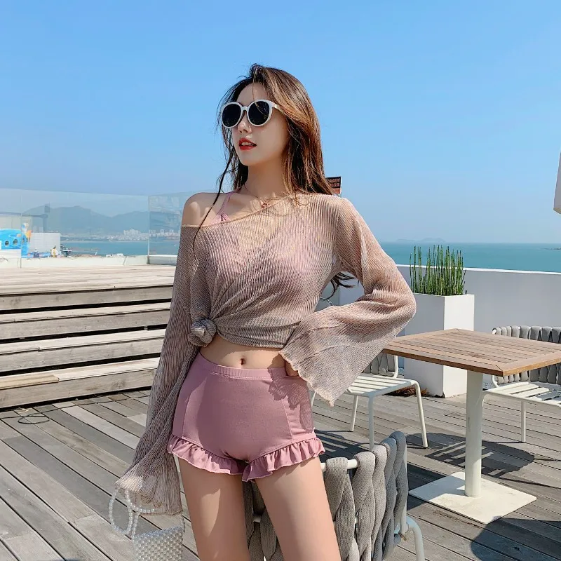 Costume da bagno donna stile coreano 3 pezzi Bikini a vita alta pantaloncini solidi costume da bagno Slim costume da bagno estivo Beachwear costume