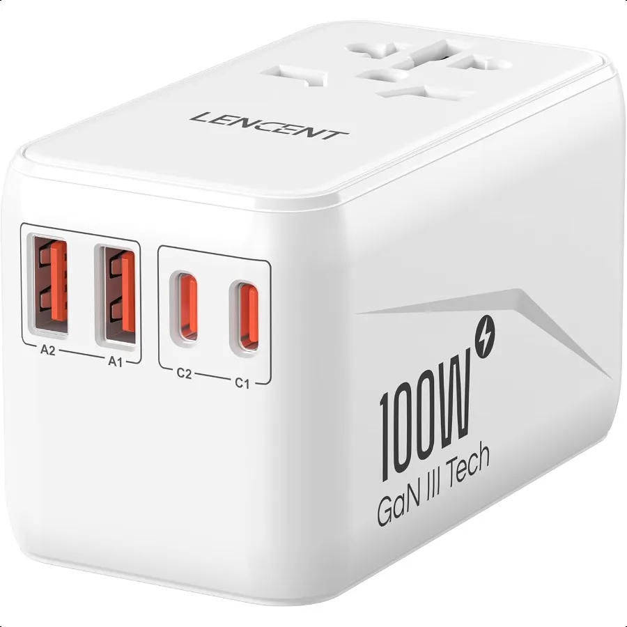 

Universal Travel Adapter 100W GaN3 International Adaptor with 2 QC3.0 USBA+2 PD3.0 TypeC PPS Fast Charging Worldwide Wall Charg