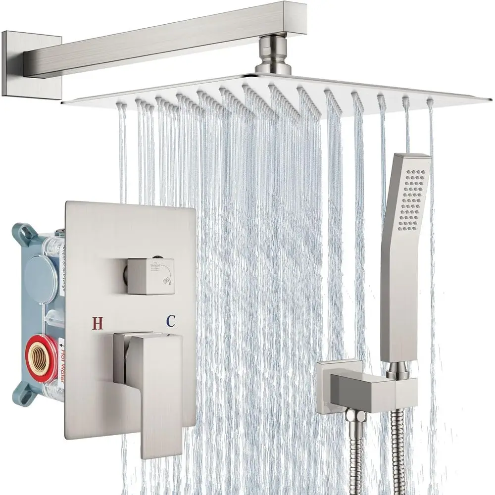 

12 Inch Brushed Nickel Wall Mount Rain Shower System with Handheld Spray Combo, Rough-in and Trim Kit Included