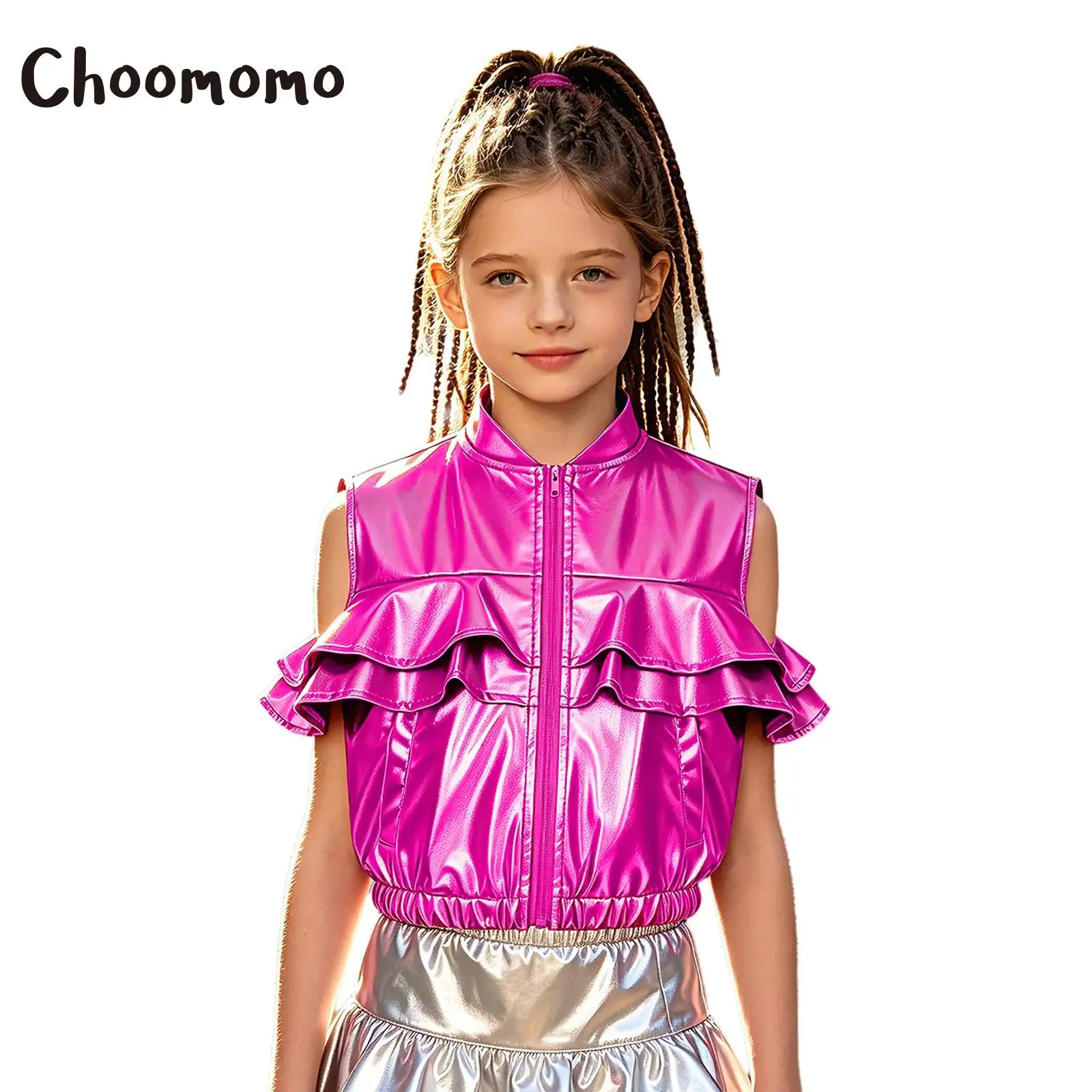 Kids Girls Metallic Vest Hip-hop Jazz Dance Waistcoat Ruffled Elastic Hem Zipper Sleeveless Jacket And Pockets Disco Performance