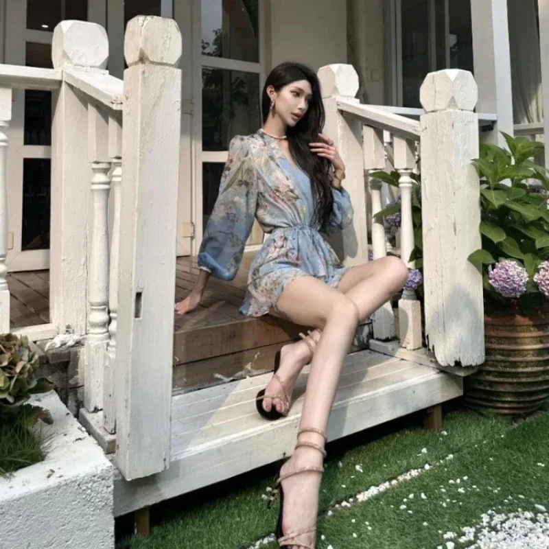 Floral Chiffon Short Mini Woman Long Sleeve Dress 2025 Fashion New Features of Thic One Pieces Designer Loose Dresses for Women