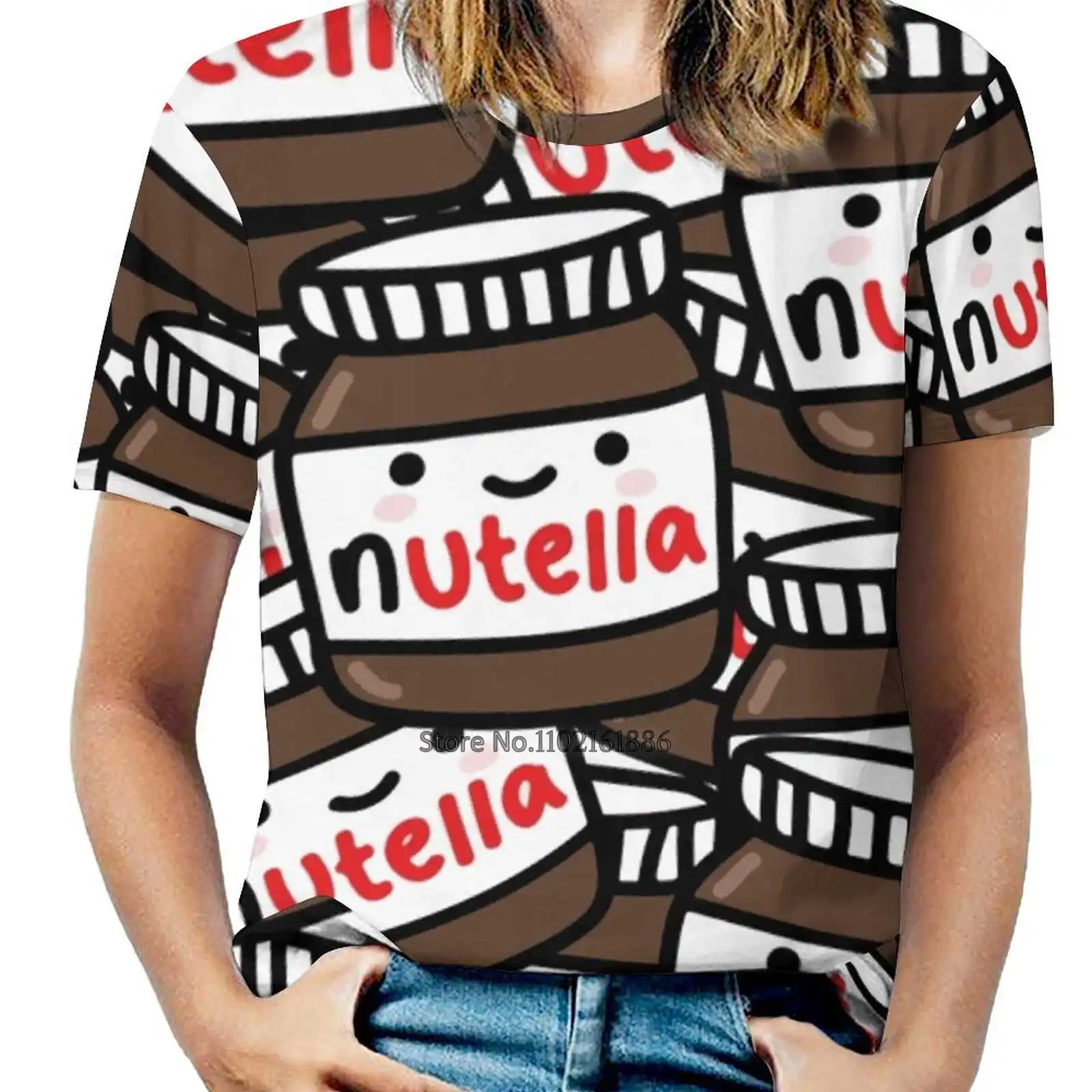 Cute Nutella Pattern! Women V Neck T-Shirt Casual Sexy T Shirts Hollow Out Zipper Pullover Top Funcases Fun Cases 4Ogo