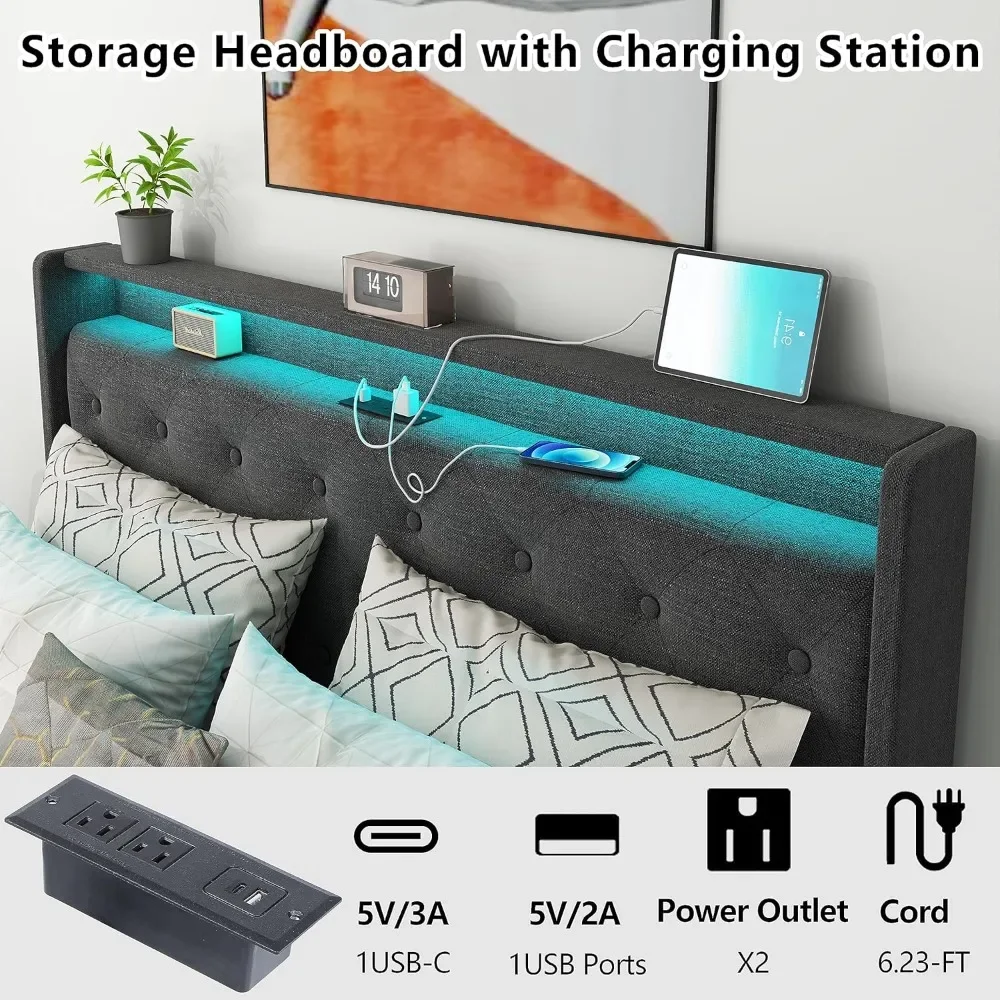 Queen Lift Up Bed Frame with Charging Station & LED Lights, Upholstered Bed with Button Tufted Wingback Storage Headboard