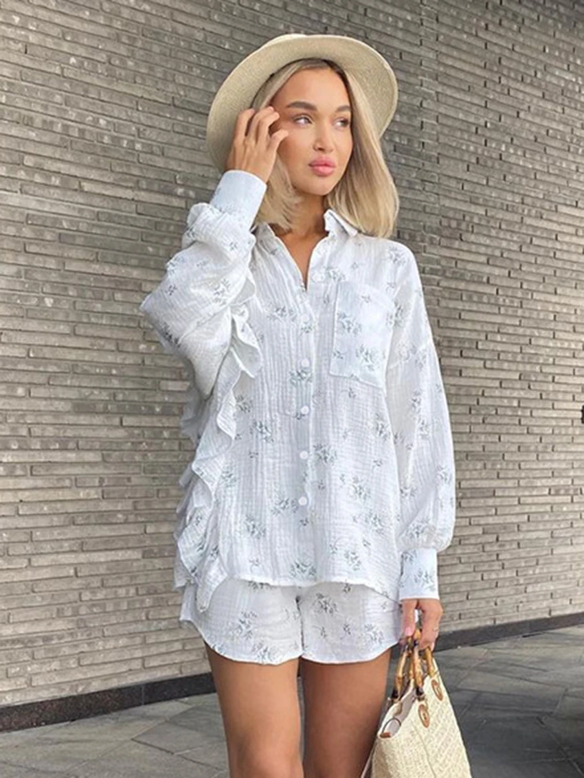 Marthaqiqi Causal Female Sleepwear Set Long Sleeve Pajamas Turn-Down Collar Nightwear Shorts Fashion Printing Women Nightie Suit