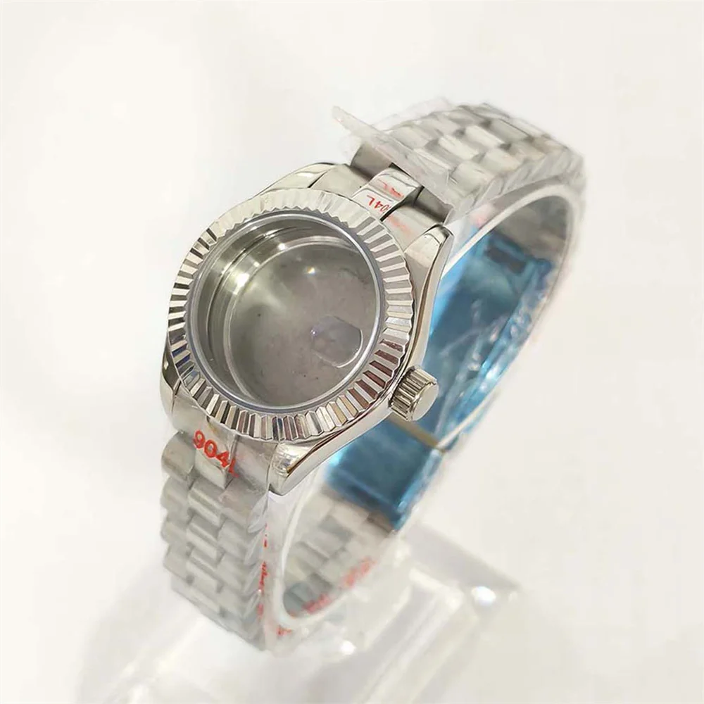 28MM Stainless Steel Watch Case Sapphire Crystal Magnifying Glass Lens+ Fluted Bezel+ President Bracelet for NH05 Movement