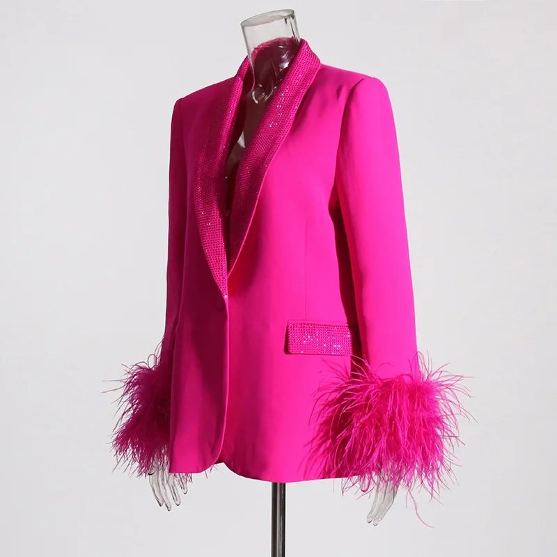 2023 Women's Autumn New Fashion Suit Temperament Sexy Blazers Long Sleeve Rhinestone Feather Patchwork Waist-Slimming Coat