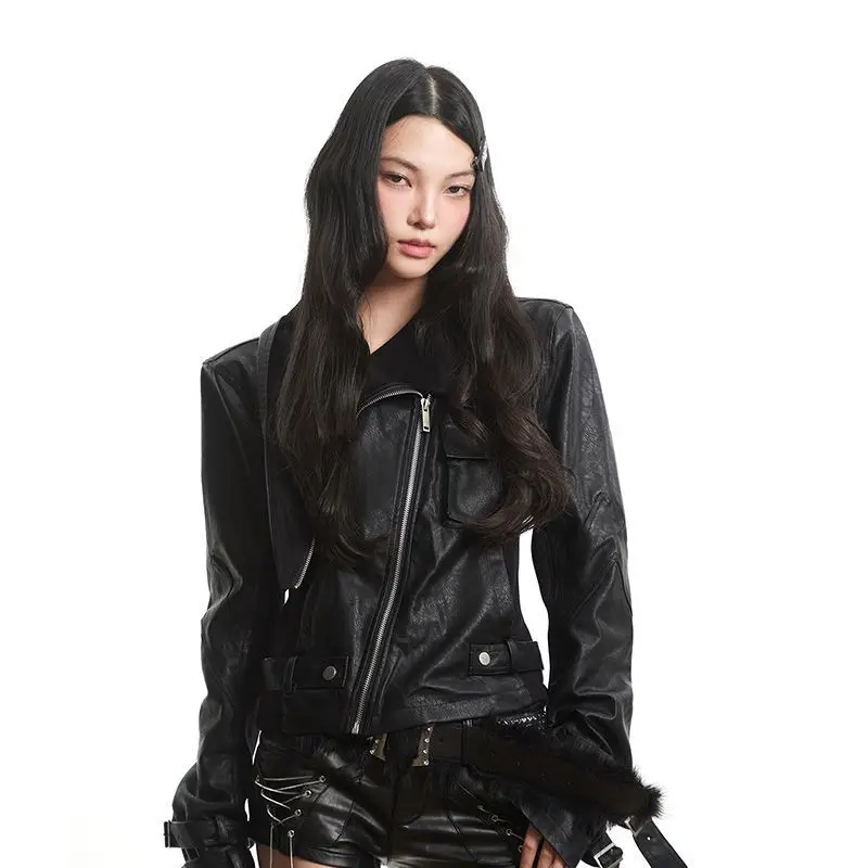 ジャケット・アウター Black Punk High Street Leather Jacket Retro Punk High Street Black Leather Jacket Zipper Jacket Slim Fit