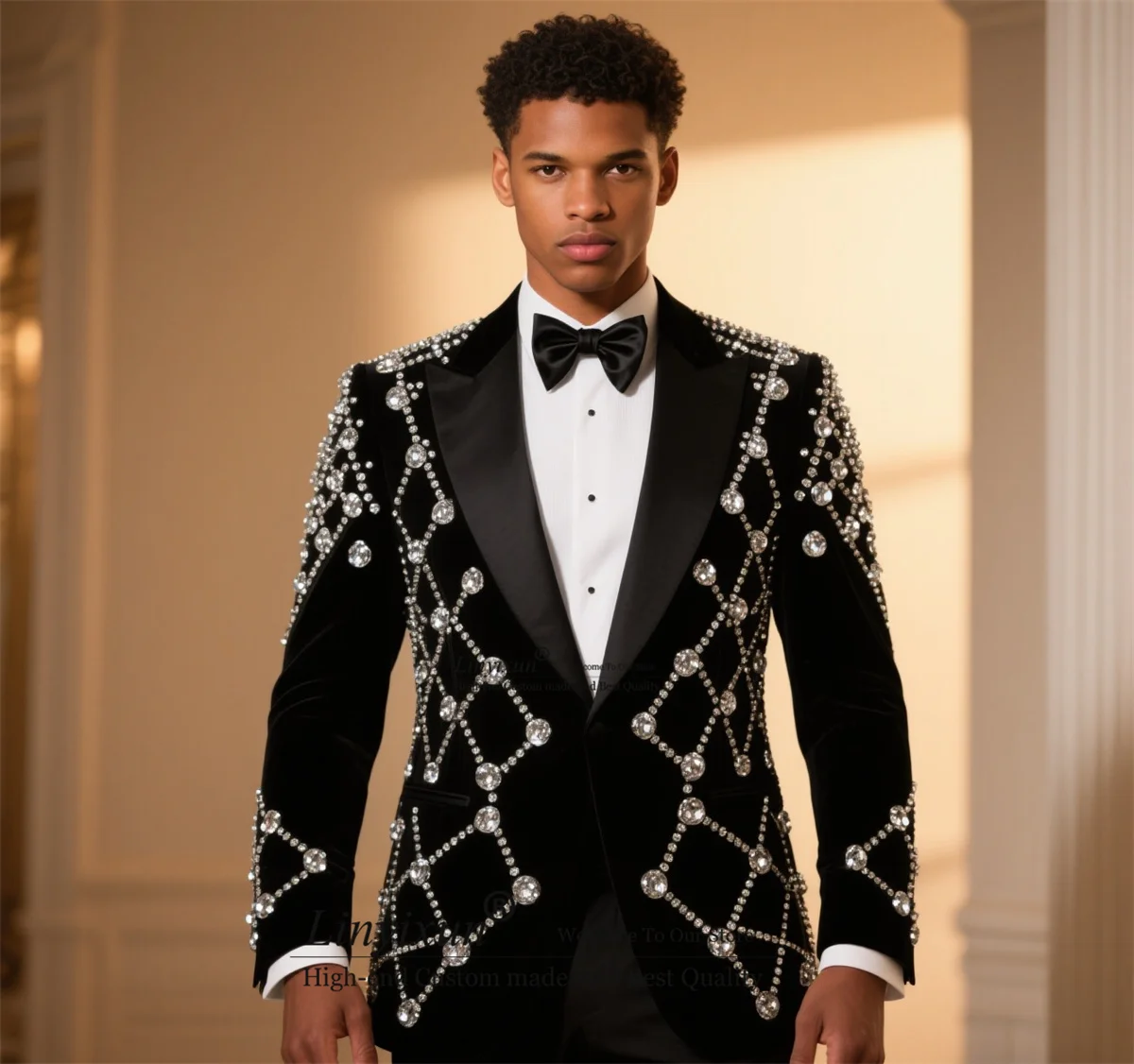 Handsome Peak Lapel Men Suits Customized Sparkly Gem Rhinestones Wedding Tuxedos 2 Pieces Sets Groom Male Blazers Costume Homme