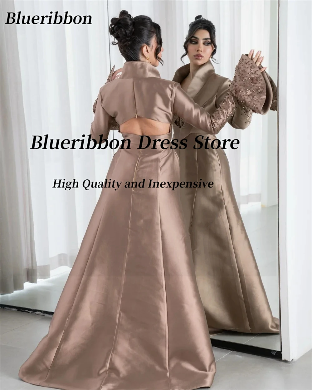 Blueribbon Customized Side Slit Satin Saudi Arabia Women Wear Evening Dresses Beaded 3D-Flowers Long Sleeves Prom Party Gowns