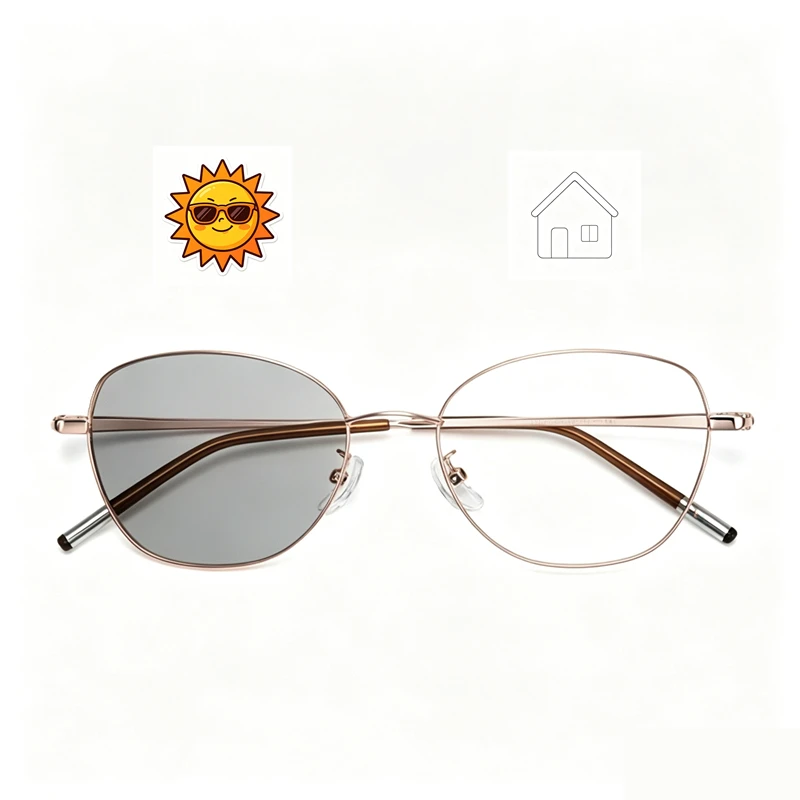 Women Rose Gold Metal Frame Photochromic Reading Glasses Lightweight Anti Blue Light UV400 Presbyopic Glasses Finished Diopters