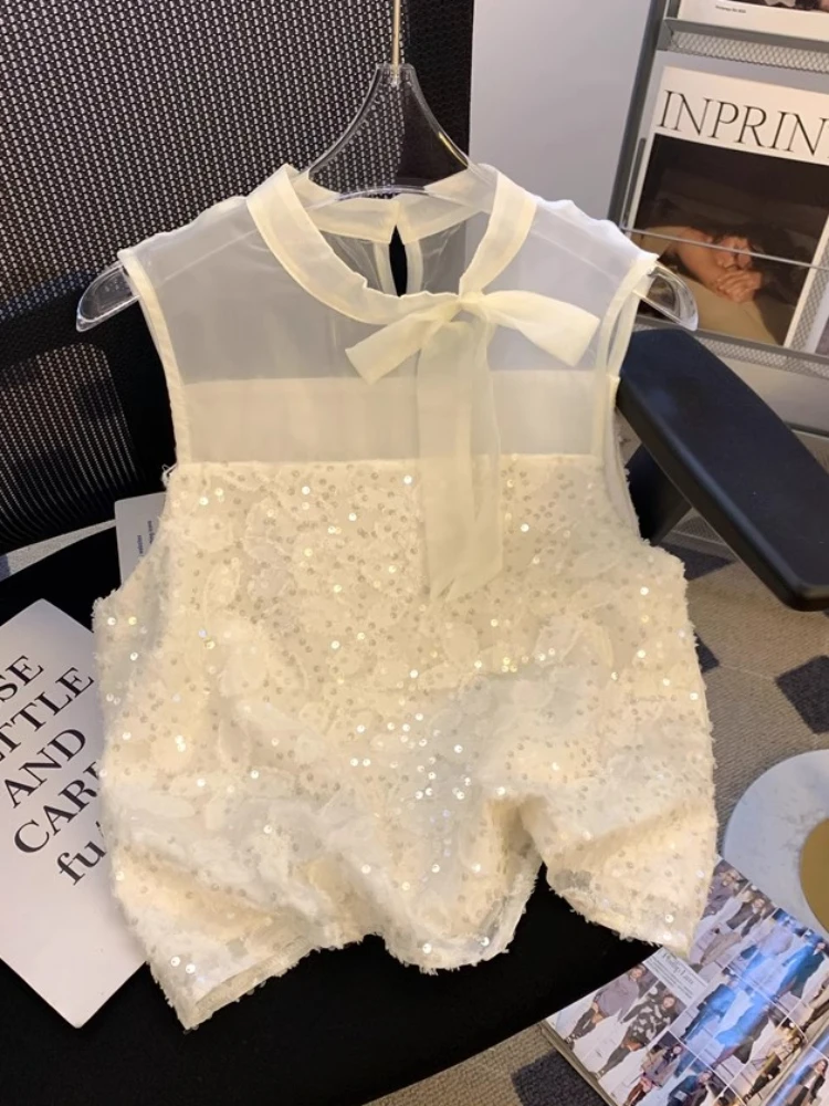 French Mesh Bow Patchwork Sequin Shirt Sexy Micro Transparency Vest Women's Summer High-Quality Loose Small Fragrant Style Top