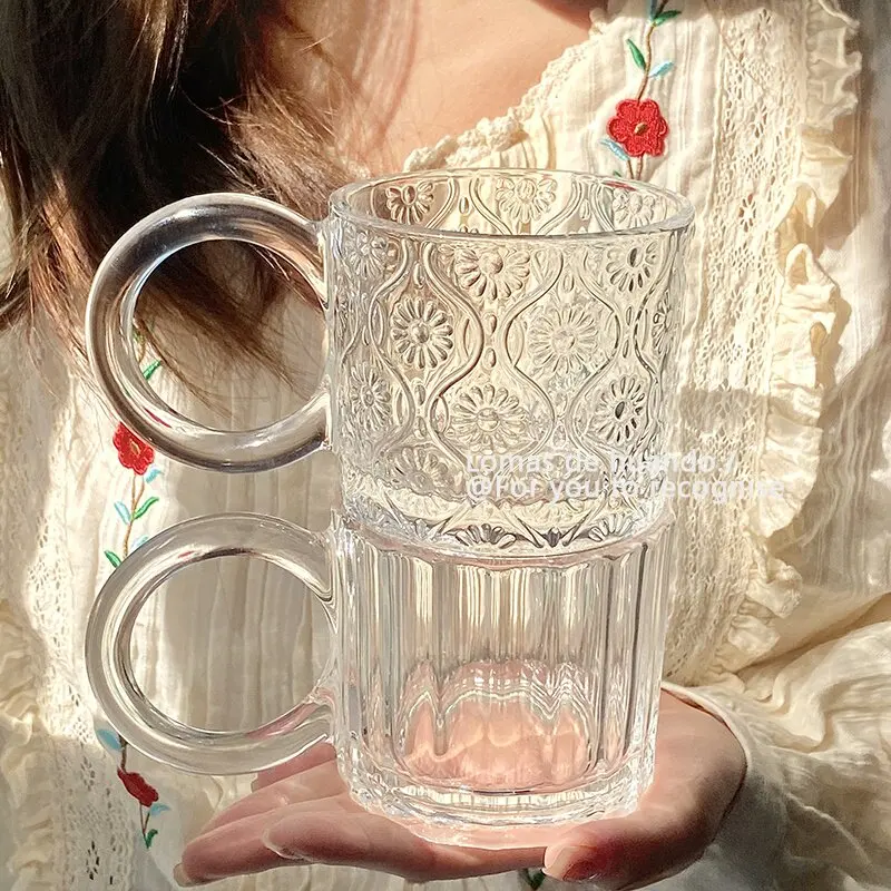 Ins Style Niche Design,good-looking Glass Cups,household Milk Cups,coffee Cups,engraved Circular Handles, Table Decoration Gifts