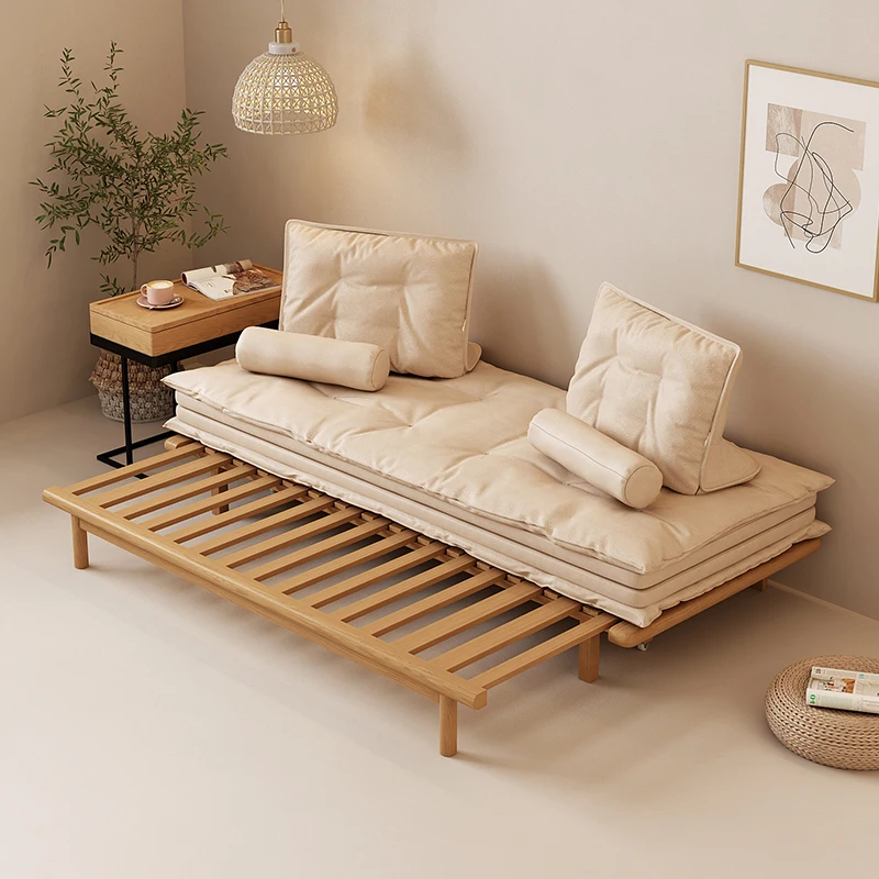 Cream Style Solid Wood Sofa Bed Foldable Dual-Purpose Living Room Small Apartment Modern Minimalist