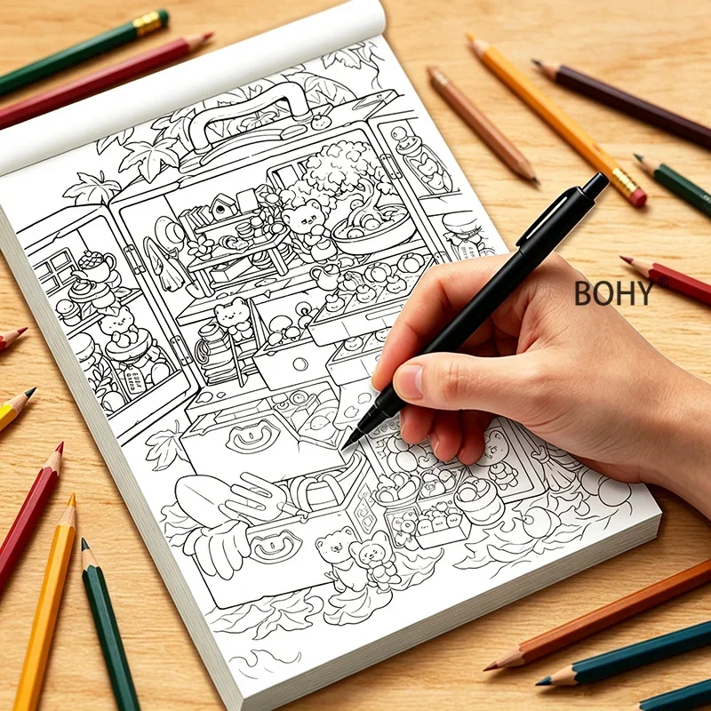 1 Adult Decompression Coloring Book, Include Rich Themes Such As Teddy Bears/food Markets/daily Necessities Total of 75 Pages