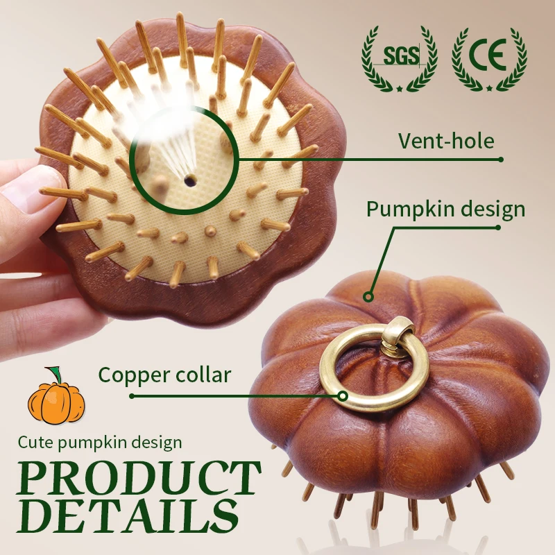 Pumpkin Design Detangling Hairbrush Sandalwood Mini Hair Brush Women Portable Pocket  Head Scalp Massage Brush Wide Tooth Comb