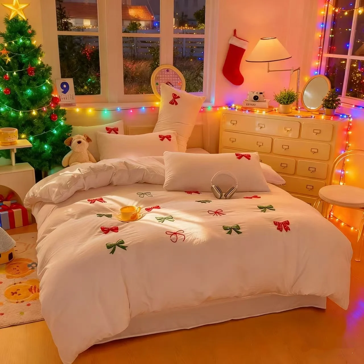3 Piece Sheet Set Chut bowknot embroidery duvet cover Set ，Christmas decoration comfortable Bedding Set Bedspread for All Season