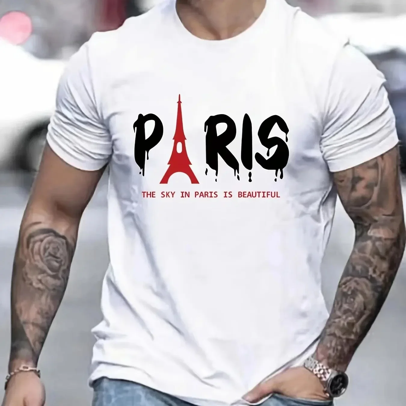 Men's Summer Paris Eiffel Tower Printed 100% Cotton Large Loose Round Neck Short Sleeve T-shirt Top 42319