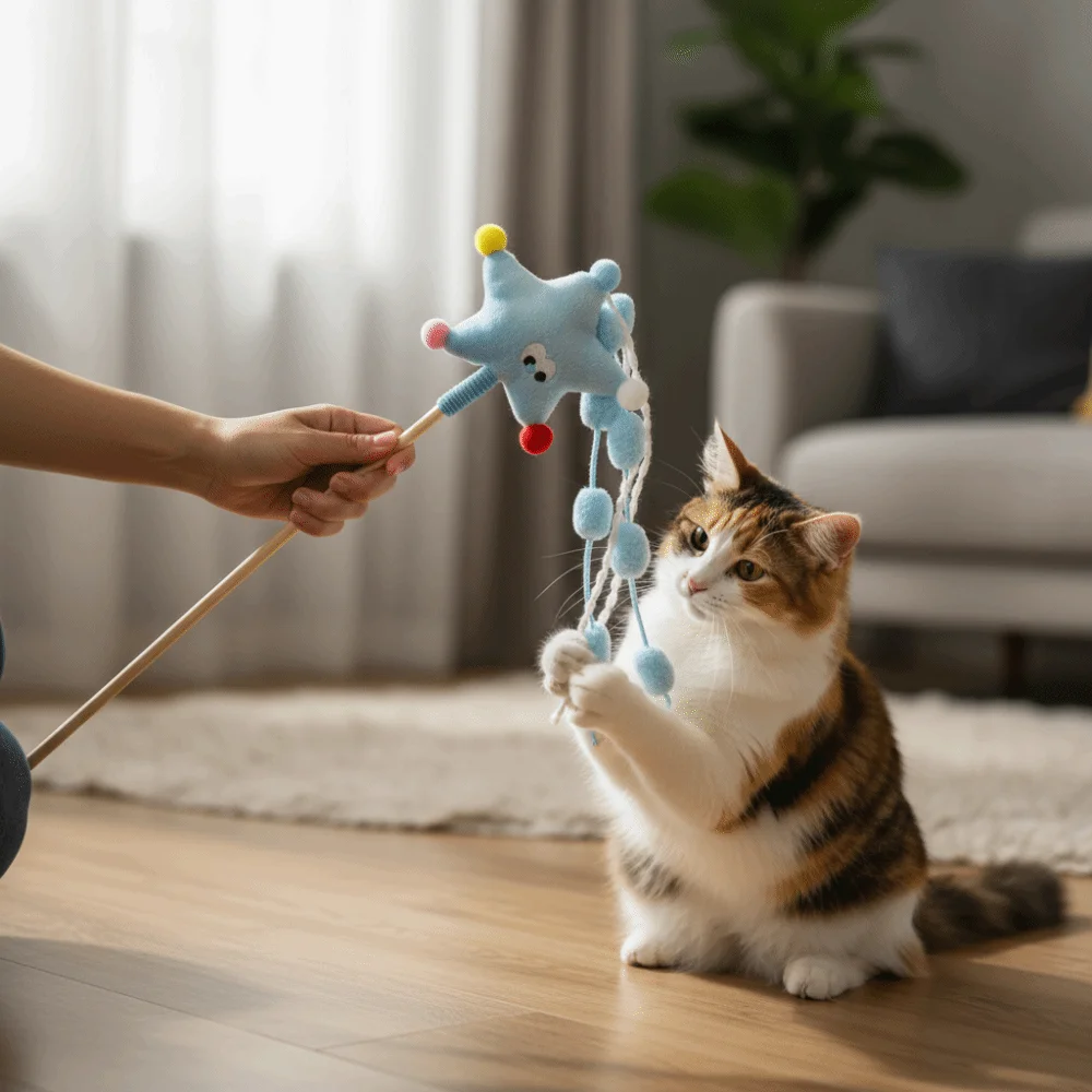 Varita de juguete para gatos con diseño de estrellas y lunas de dibujos animados, mango largo, sonido y borlas, para gatitos, juguetes divertidos