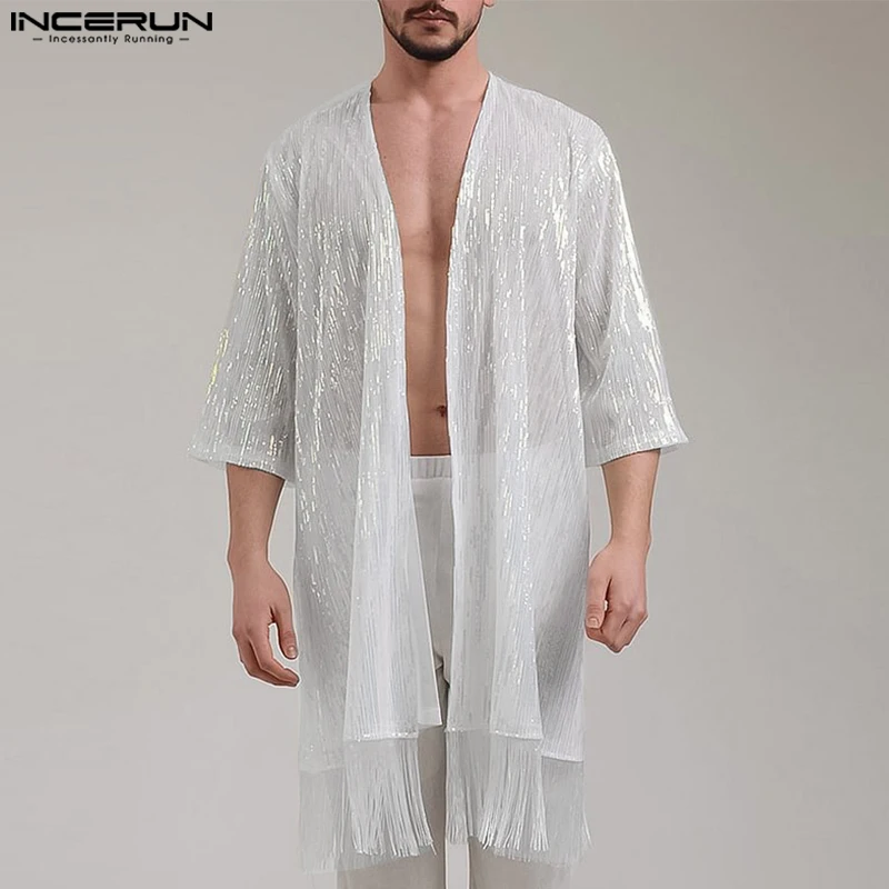 INCERUN Tops 2025 American Style Men's Fashion Sexy Flash Splicing Tassel Shirts Casual Thin Cardigan Long Sleeved Blouse S-5XL