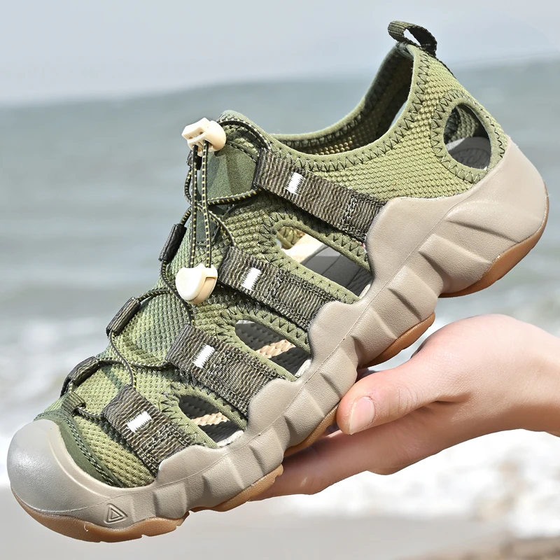 

Men's Genuine Leather Summer Sandals Toe-Covering Outdoor Casual Sports Hollow out Design Beach Shoes Trendy