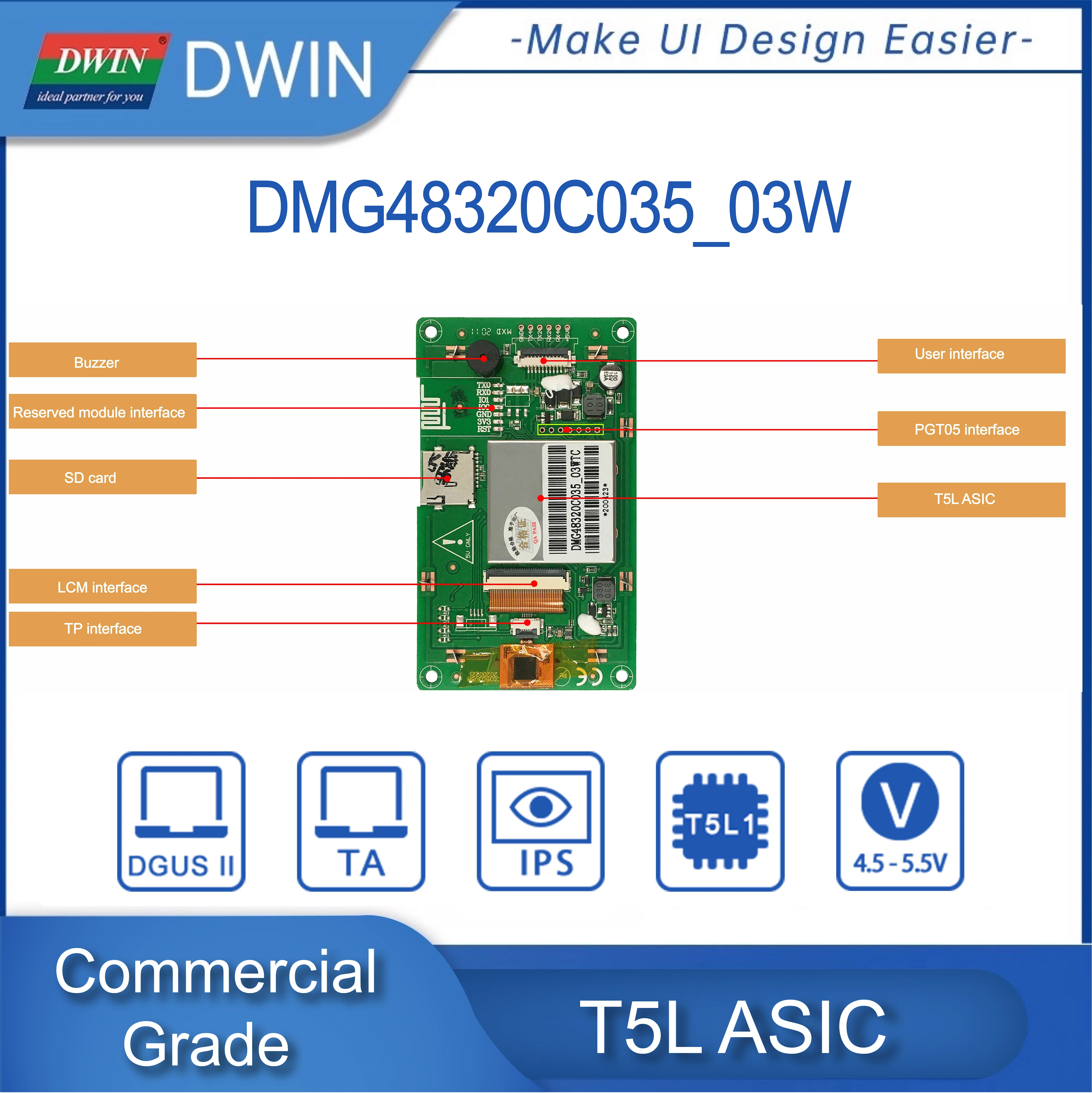 DWIN 3.5 Inch TFT TN/IPS LCD Module Commercial HMI Screen Touch Display TTL 320*480/320*240 DMG32240C035_03W/ DMG48320C035_03W