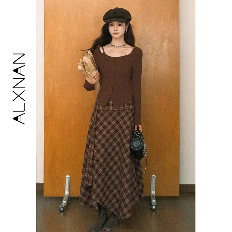 ALXNAN المرأة تنورة الخريف جديد خمر منقوشة تنورة طويلة ملفوفة الاتجاه 2025 أنيقة غير النظامية هيم متقلب ميدي التنانير L569117