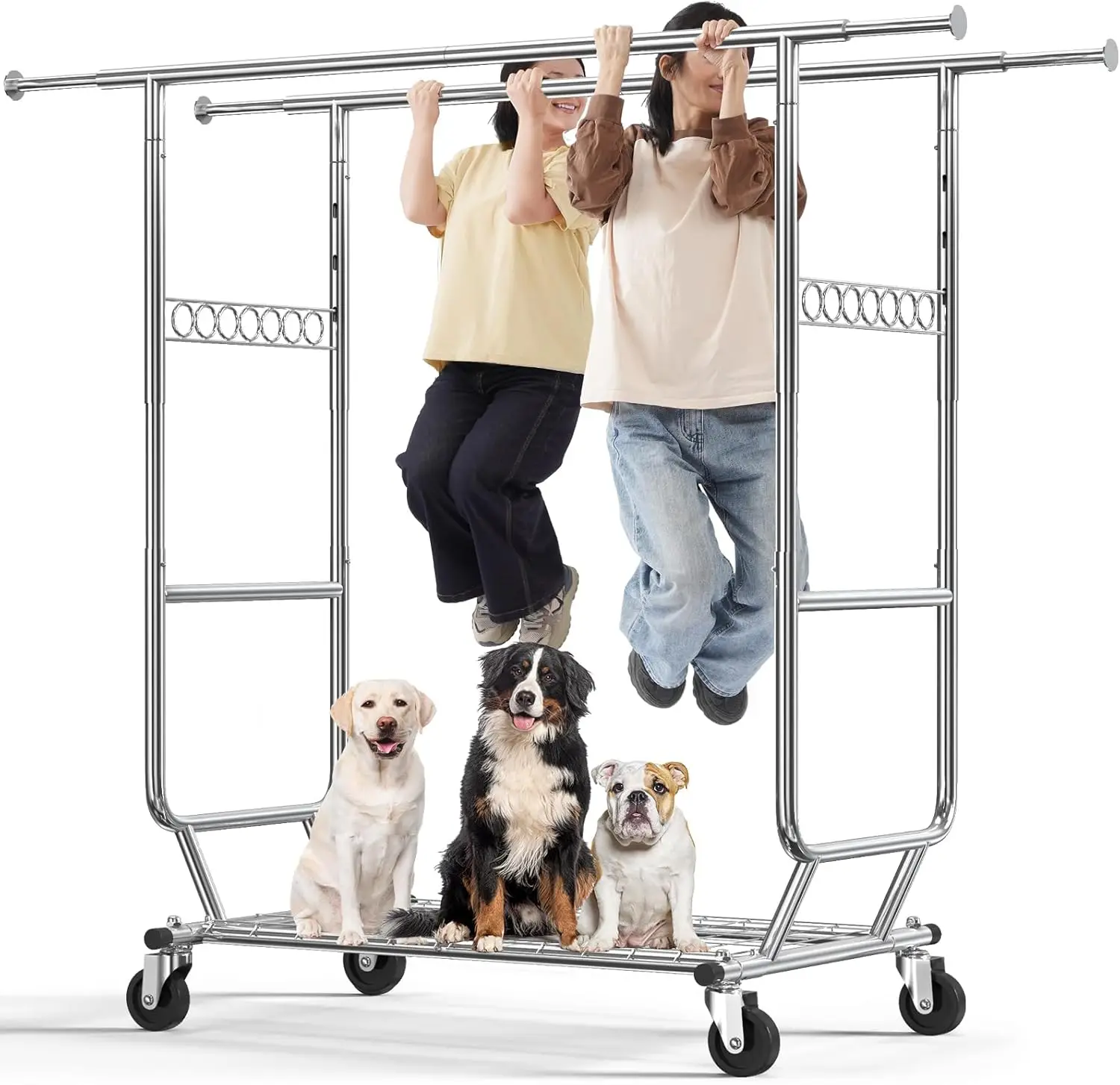 Clothes Rack Heavy Duty Clothing Rack Load 650 LBS Collapsible Garment Rack with Wheels Double Rod Clothes Rack for Hanging C