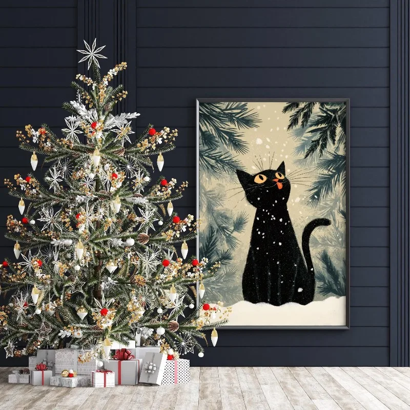Cute Black Cat Snowflakes Canvas Wall Art Vintage Winter Pine Xmas Pet Art Home Living Room Wall Print Unframed Canvas Poster