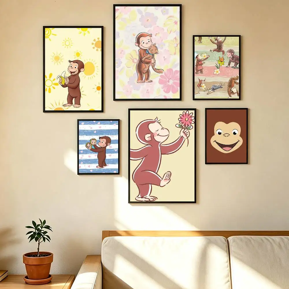 Cute Curious George Fashion Poster High Quality Dorm Living Room Aesthetic Wall Decoration Painting Stickers Gift