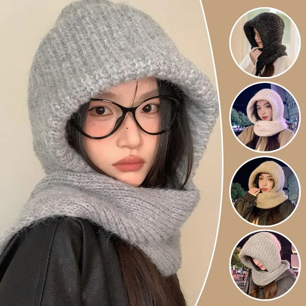 

Winter Warm Women Knitted Scarf Hat Balaclava Headgear Neckerchief Girl Ear Protection Cap Solid Color Woolen Cap
