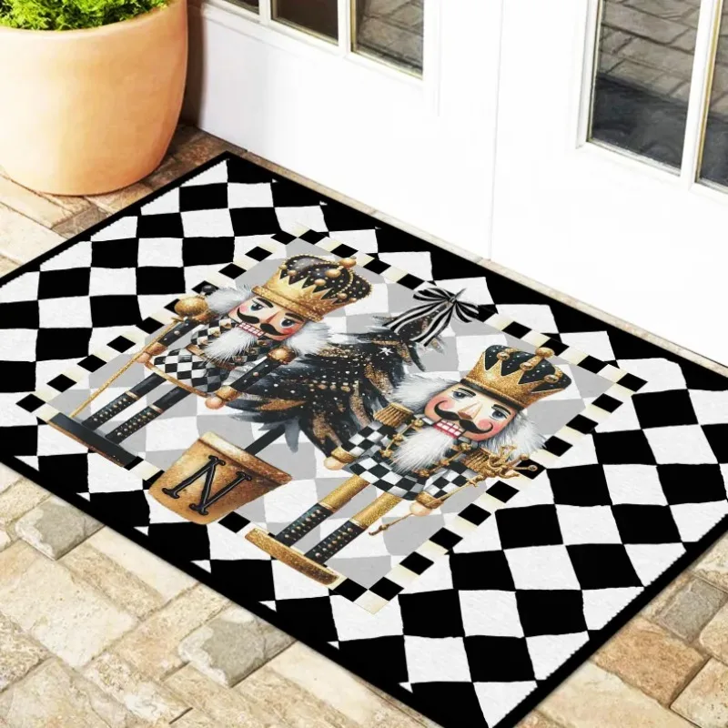 Christmas Custom Door Mat Personalized Mat Outdoor Indoor Floor Entry Mat Doormat Holiday Preppy Black White Checker Nutcrackers