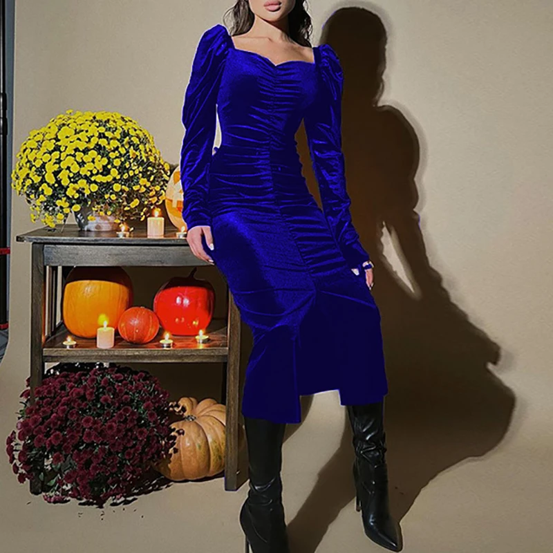 

Women Solid Color Long Sleeve Dress Elegant Square Neck Draped Velvet Party Dress Autumn Spring Fashion Office Split Slim Dress