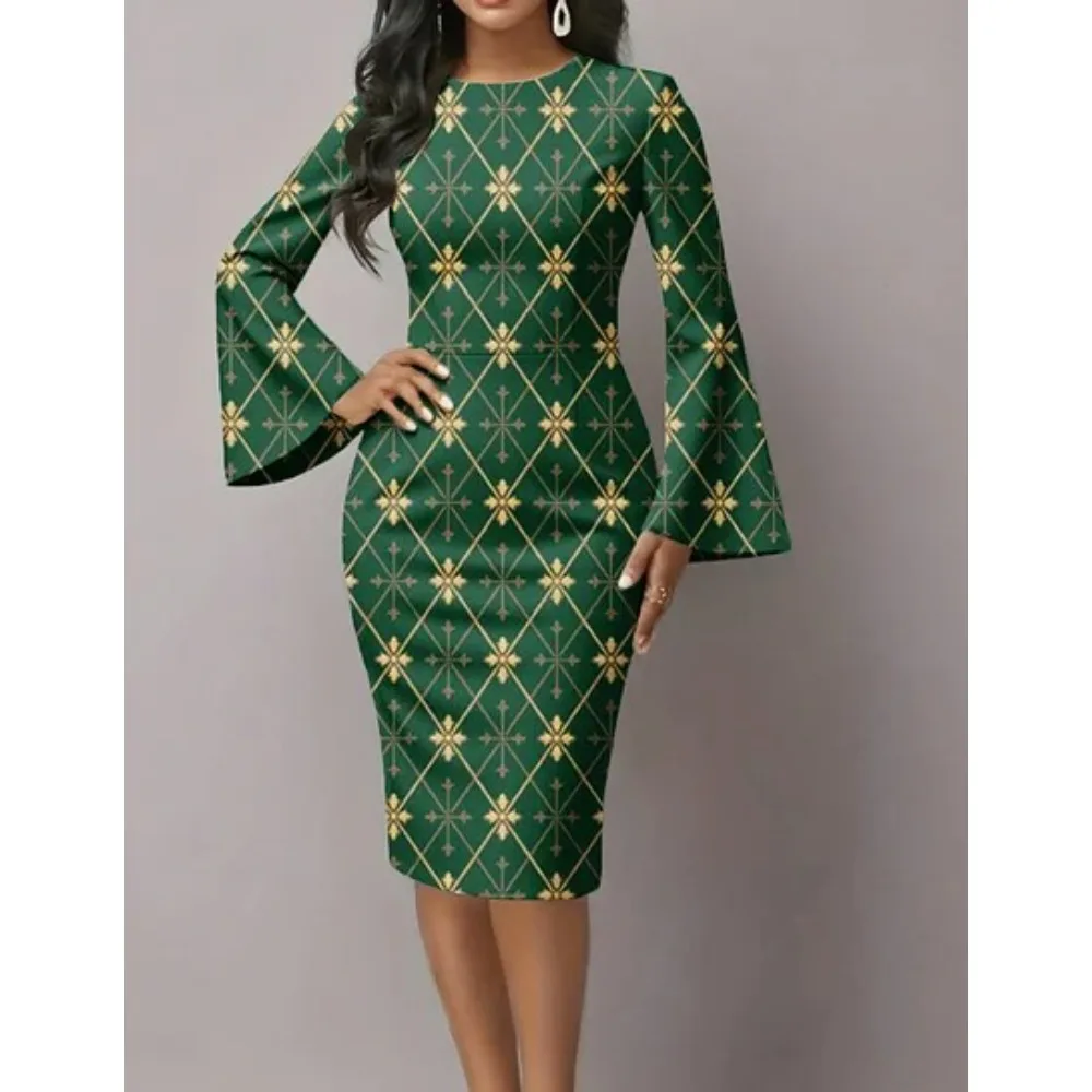 Women's Elegant Bodycon Dress with Flared Sleeves Unique Blue & Gold Metallic Swirl Print Boho Chic Midi Dress for Night Out