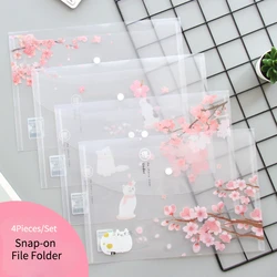 4pieces/set Of A4 Transparent Bags Folders File Jackets Snap On File Pockets Pink Sakura Pattern