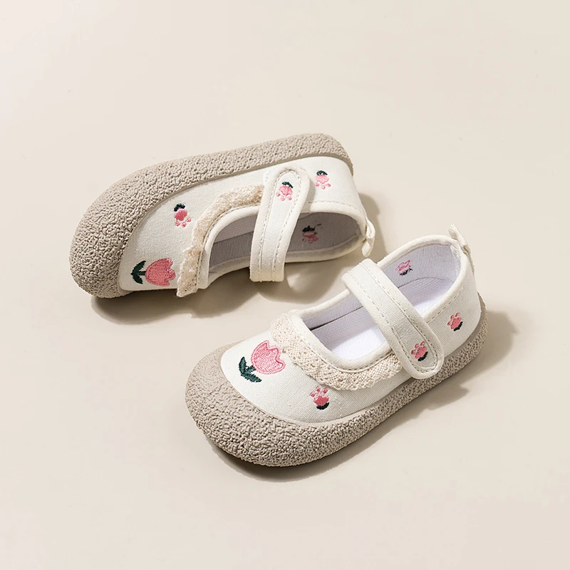 Girls Embroidery Princess Shoes Sweet Ruffled Edge Kids Casual Canvas Shoes Toddlers Fashion Soft Soled Children's Mary Shoes