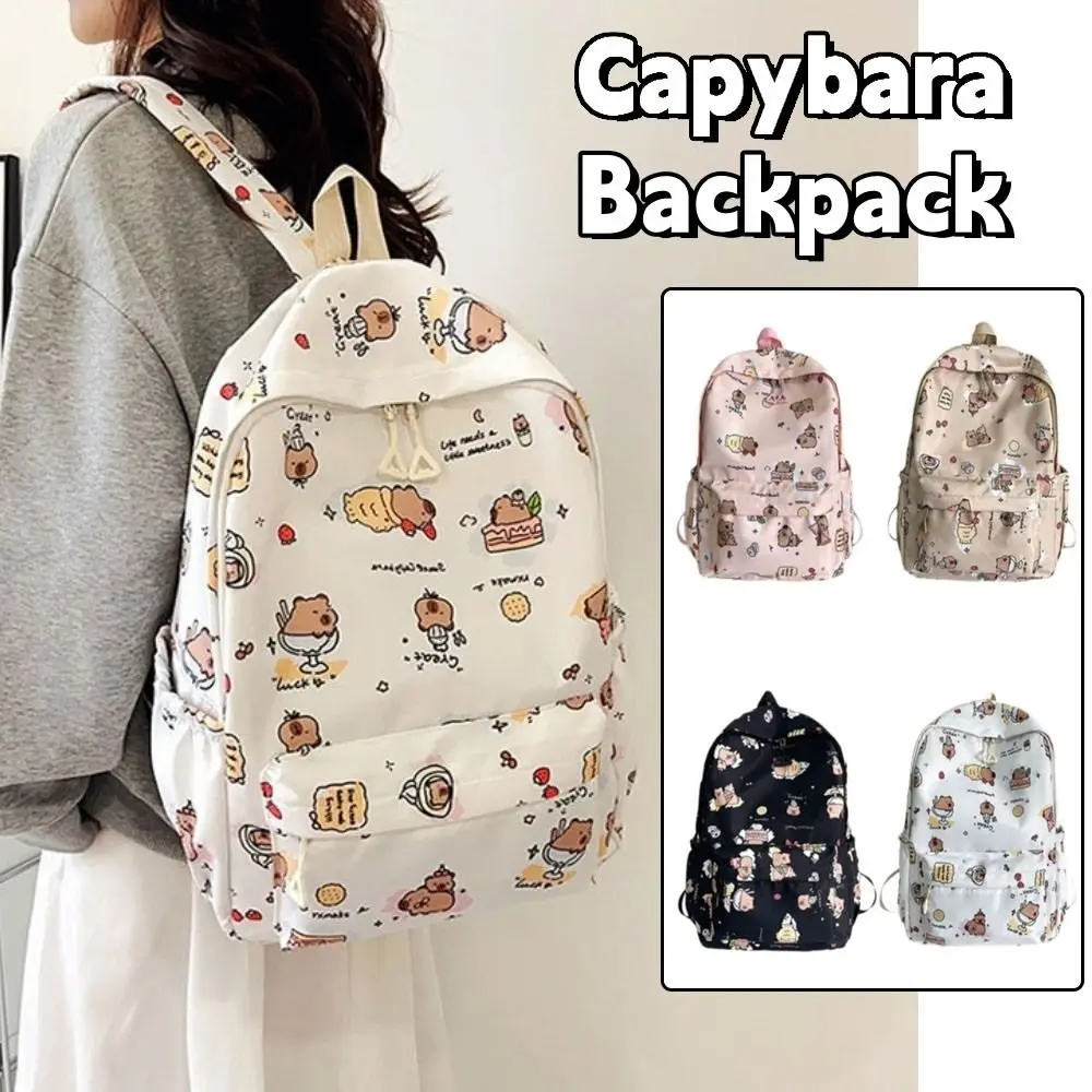 Nylon Capybara Backpack Lightweight Wide Straps Cartoon Animal Daypack Korean Style Adjustable Straps Large Capacity School Bag