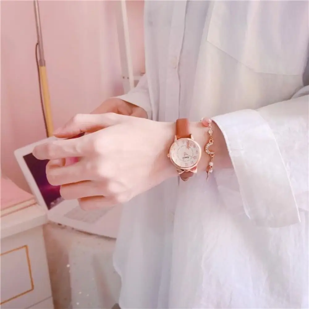 Fashion Quartz Clock Watch Bracelet Set Leather Watchband Casual Quartz Watch Cute Cat Ear Bracelet