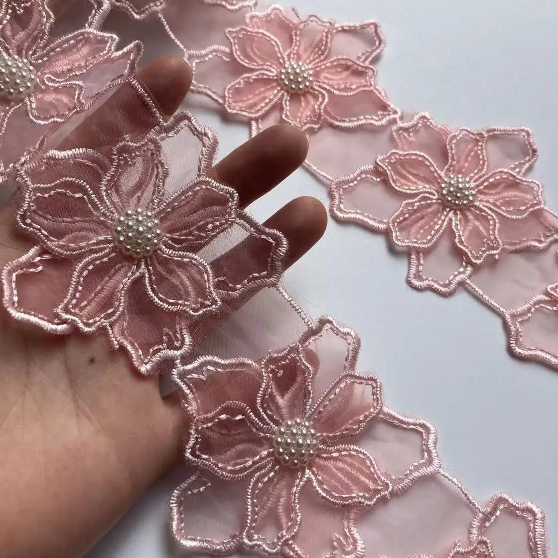 1 Yard 7.5cm Pink Pearl Beaded Embroidered Flower Lace Trim Floral Applique Patches Fabric Sewing Craft Vintage Wedding Dress